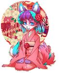  ambiguous_gender anthro canine clothed clothing fox japanese_clothing kimono kneeling looking_at_viewer lovelesskiax mammal smile solo 