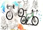 2014 absurd_res amphibian anthro bicycle bicycle_helmet bottomwear button_ears canid canine canis clothed clothing cycling digitigrade domestic_cat domestic_dog ear_tuft ellipsis eyes_closed felid feline felis floppy_ears fully_clothed graphite_(artwork) hi_res holding_water_bottle jacket kyokyota male mammal open_mouth painting_(artwork) pen_(artwork) shorts sketch_page snout speech_bubble tadpole tail tongue tongue_out topwear traditional_media_(artwork) traditional_painting_(artwork) traditional_watercolor_(artwork) tuft vehicle watercolor_(artwork) whiskers