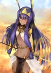  dark_skin egyptian facial_mark fate/grand_order fate_(series) flat_chest highres jewelry kaze_minoru_so-ru long_hair midriff multicolored_hair navel nitocris_(fate/grand_order) one_eye_closed purple_eyes sand smile solo staff two-tone_hair 