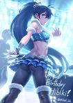  antenna_hair ass black_hair breasts don_michael earrings eyebrows eyebrows_visible_through_hair fingerless_gloves from_side ganaha_hibiki gloves hair_ornament happy_birthday highres hoop_earrings idolmaster idolmaster_(classic) jewelry long_hair looking_back medium_breasts midriff ponytail sideboob solo_focus star star_hair_ornament 