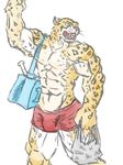  2014 abs bag biceps big_biceps big_muscles black_fur black_markings blue_eyes cheetah clothed clothing colored digital_drawing_(artwork) digital_media_(artwork) feline front_view fur holding_object inner_ear_fluff light mammal manly markings multicolored_fur muscular navel open_mouth pecs pink_nose pink_tongue portrait pose red_clothing schwartzgeist shaded shorts simple_background skimpy spots spotted_fur three-quarter_portrait tongue topless whiskers white_background white_fur yellow_fur 