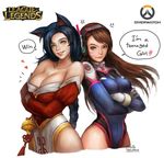  2016 2girls adapted_costume ahri anger_vein animal_ears animal_print back-to-back bangs bare_shoulders black_hair blue_leotard braid breast_envy breasts brown_hair bunny_print character_age cleavage collarbone copyright_name cowboy_shot cropped_legs crossed_arms crossover d.va_(overwatch) dated detached_sleeves emblem english facepaint facial_mark fang fox_ears from_side gloves grin headphones heart highres kim_eul_bong korean_clothes large_breasts league_of_legends leaning_on_person leotard lips logo long_hair looking_at_viewer multiple_girls no_tail nose orange_eyes overwatch pelvic_curtain pilot_suit ribbed_leotard shoulder_pads signature simple_background single_braid slit_pupils small_breasts smile speech_bubble standing swept_bangs tassel turtleneck very_long_hair whisker_markings white_background white_gloves yellow_eyes 