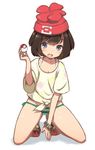  bangs beanie black_hair blue_eyes blush bracelet commentary_request hat highres holding holding_poke_ball jewelry kneeling looking_at_viewer mizuki_(pokemon) no_pants open_mouth panties poke_ball pokemon pokemon_(game) pokemon_sm red_hat ruiten shirt shoes short_hair short_shorts shorts side-tie_panties smile sneakers solo striped striped_panties swept_bangs t-shirt underwear wide_sleeves z-ring 