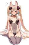  animal_ears blonde_hair breasts breasts_apart cape commentary_request covered_navel crotch_plate erune gorget granblue_fantasy grey_legwear long_hair medium_breasts metera_(granblue_fantasy) mole mole_under_mouth natsuhiko navel see-through sidelocks simple_background sitting solo thighhighs twintails two_side_up wariza white_background 