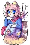  anthro big_eyes clothed clothing feline female horn hybrid looking_at_viewer lovelesskiax mammal smile wings 