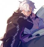  1boy armband carrying carrying_person closed_mouth commentary_request cowboy_shot golisopod guzma_(pokemon) hair_down highres jacket karakurenai4920 male_focus pokemon pokemon_(creature) pokemon_sm short_hair simple_background solo white_background white_hair 