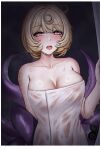  1girl absurdres blonde_hair blush breasts chinese_commentary collarbone commentary_request english_commentary hair_between_eyes highres large_breasts looking_at_viewer medium_hair mixed-language_commentary mole_beside_mouth multicolored_hair naked_towel open_mouth paid_reward_available pink_eyes ringed_eyes selcky smile solo streaked_hair tentacle_girl tentacles towel upper_body wet wet_towel yidhari_murphy zenless_zone_zero 