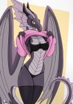  2025 absurd_res anthro breasts claws clothed clothing digital_drawing_(artwork) digital_media_(artwork) dragon english_text fangs female frill_(anatomy) head_crest head_frill hi_res horn judy judy_anon long_tongue looking_at_viewer mammal membrane_(anatomy) membranous_frill membranous_wings mythological_creature mythological_scalie mythology non-mammal_breasts pink_clothing pink_sweater pink_topwear reptile scales scalie simple_background smile solo sweater tail teeth text tongue topwear underwear ventral_scales wings 