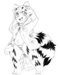  anthro clothed clothing feline female lovelesskiax mammal monochrome open_mouth smile solo standing striped_tail stripes 