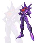  armor bodysuit chest_jewel cosplay full_body hands_on_own_hips helmet highres kamen_rider mega_starmie mega_starmie_(cosplay) poke_ball pokemon purple_armor purple_bodysuit purple_helmet red_eyes simple_background solo solo_focus starmie to_ze white_background zoom_layer 