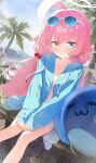  1girl absurdres ahoge blue-tinted_eyewear blue_archive blue_cardigan blue_eyes blush breasts cardigan collarbone day eyewear_on_head hair_bobbles hair_ornament halo hands_on_lap heterochromia highres hood hooded_cardigan hoshino_(blue_archive) hoshino_(swimsuit)_(blue_archive) inflatable_toy inflatable_whale long_hair long_sleeves looking_at_viewer low_twintails naked_cardigan navel open_cardigan open_clothes outdoors palm_tree pink_hair sitting sleeves_past_wrists small_breasts solo swimsuit tinted_eyewear tree twintails yamada_auto yellow_eyes 