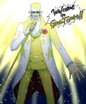  1boy earrings flower formal gild_tesoro green_hair jewelry male_focus microphone microphone_stand necklace one_piece one_piece_film_gold open_mouth ring river_ls rose solo suit sunglasses teeth 