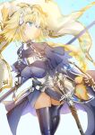  1girl absurdres armor armored_dress beatrix_vivi blonde_hair blue_eyes braid breasts chain dress fate/apocrypha fate/grand_order fate_(series) gauntlets headpiece highres holding jeanne_d'arc_(fate) jeanne_d'arc_(ruler)_(fate) large_breasts long_hair looking_at_viewer luminosite_eternelle single_braid solo sword thighhighs very_long_hair weapon 