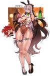  2girls absurdres alcohol animal_ears black_hair bow bowtie breasts chibi covered_navel deccatezu elbow_gloves english_commentary english_text fake_animal_ears fate/grand_order fate_(series) gloves green_eyes grey_hair hair_between_eyes heart high_heels highres holding holding_tray large_breasts leotard licking_lips long_hair looking_at_viewer multiple_girls nagao_kagetora_(fate) playboy_bunny ponytail rabbit_ears red_hair see-through_clothes speech_bubble spoken_heart thighhighs tongue tongue_out tray very_long_hair yellow_eyes 