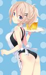  aoyama_blue_mountain apron ass beer_mug blonde_hair blue_eyes blush breasts competition_swimsuit cup drinking_glass gochuumon_wa_usagi_desu_ka? hair_ornament hairclip holding holding_cup itamochi looking_at_viewer medium_breasts one-piece_swimsuit parted_lips polka_dot polka_dot_background ponytail short_hair sidelocks solo swimsuit tray 