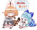  &gt;_&lt; 3girls animal_ears animal_print black_hair blonde_hair blush bow bowtie elbow_gloves gloves heart humanization kaban_(kemono_friends) kemono_friends knife lucky_beast_(kemono_friends) multicolored_hair multiple_girls notora open_mouth orange_bow orange_bowtie print_gloves print_skirt serval_(kemono_friends) sharpening shirt short_hair short_sleeves skirt smile striped_tail tail translated two-tone_bow two-tone_bowtie 