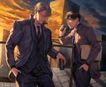  2boys belt bird black_hair black_neckwear black_suit blue_neckwear brown_eyes building can cloud cowboy_shot glasses hand_in_pocket highres holding holding_can kamabokotr katsuki_yuuri male_focus multiple_boys necktie outdoors parted_lips silver_hair skyscraper standing twilight twitter_username viktor_nikiforov wristband yaoi yuri!!!_on_ice 