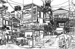  absurdly_detailed_composition absurdres car chinese_commentary coca-cola commentary_request complex_exterior greyscale highres meiji_(brand) monochrome motor_vehicle original outdoors pen_(medium) people road scenery sign stairs street traditional_media translation_request urban yamaguti 