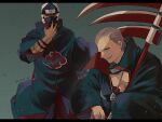  2boys :d akatsuki_uniform black_coat coat colored_sclera commentary forehead_protector green_eyes grey_hair hidan_(naruto) highres jewelry kakuzu_(naruto) long_sleeves looking_at_viewer male_focus mask mouth_mask multiple_boys naruto_(series) naruto_shippuuden necklace open_mouth pink_eyes red_sclera scythe short_hair smile stitched_arm stitches symbol-only_commentary takigakure_symbol teeth twitter_username unno_24 yugakure_symbol 