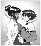  1boy 1girl bodysuit breasts coat commentary dark-skinned_female dark_skin earrings english_commentary glasses gloves greyscale hair_bun height_difference highres jewelry juliet_sleeves large_breasts long_sleeves monochrome mrmiguelart original power_rangers puffy_sleeves single_hair_bun sweater toned toned_male turtleneck turtleneck_sweater 