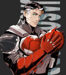  1boy aged_up bat_signal batman batman_(series) batman_symbol belt bodysuit dc_comics gloves grey_bodysuit highres jason_todd male_focus mask multicolored_bodysuit muscular muscular_male nichasheng pants red_hood_(dc) red_mask solo superhero_costume taut_bodysuit two-tone_bodysuit upper_body utility_belt 