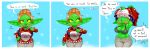  2025 3_panel_comic absurd_res big_breasts black_bra black_clothing black_underwear bodily_fluids bra breasts butt butt_from_the_front christmas christmas_clothing christmas_sweater christmas_topwear clothing comic dialogue english_text female goblin green_body green_skin hair hair_bun hi_res holidays humanoid humanoid_pointy_ears mario-grant ms._nasbh&#039;ke_(mario-grant) not_furry offscreen_character pointy_ears solo sweat sweater text thigh_gap topwear underwear undressing undressing_self wide_hips yellow_sclera 