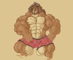  abs biceps big_biceps black_nose briefs brown_background brown_fur brown_hair brown_theme clothed clothing colored digital_drawing_(artwork) digital_media_(artwork) feline front_view fur hair hyper_muscular lion looking_away mammal manly navel no_pupils obliques pecs portrait quads red_clothing schwartzgeist serratus shaded simple_background solo standing three-quarter_portrait topless underwear vein whiskers yellow_eyes 