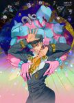 1boy absurdres chain commentary copyright_name crazy_diamond diamond_(gemstone) diamond_wa_kudakenai gakuran gold_chain higashikata_josuke highres jojo_no_kimyou_na_bouken jojo_pose peace_symbol pompadour school_uniform stand_(jojo) veela 