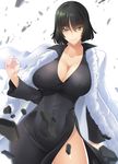  absurdres arm_at_side bangs black_dress black_hair blunt_bangs breasts cleavage closed_mouth coat covered_navel covered_nipples cowboy_shot curvy dress eyebrows_visible_through_hair eyelashes fubuki_(one-punch_man) fur-trimmed_coat fur_coat fur_trim green_eyes haganef hair_between_eyes hand_up high_collar highres jacket_on_shoulders large_breasts lips long_dress long_sleeves looking_at_viewer one-punch_man open_clothes open_coat paid_reward patreon_reward pink_lips shiny shiny_skin short_hair side_slit smile solo wide_hips winter_clothes 