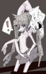  1girl drooling extra_arms female flat_chest monoko monster_girl navel open_mouth pale_skin skirt solo spoken_exclamation_mark tears tomatojam topless twintails undressing yume_nikki 