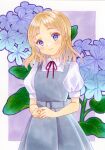  1girl belt belt_buckle blonde_hair blue_eyes blue_flower border buckle closed_mouth collared_shirt commentary_request cowboy_shot dress floral_background flower grey_belt grey_dress head_tilt highres leaf light_blush light_smile looking_at_viewer marker_(medium) medium_hair neck_ribbon original osumi_izumi own_hands_together partial_commentary pinafore_dress plumbago_(flower) puffy_short_sleeves puffy_sleeves purple_background red_ribbon ribbon shirt short_sleeves sleeveless sleeveless_dress solo standing traditional_media white_border white_shirt 