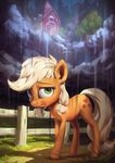  applejack_(mlp) assasinmonkey blonde_hair cutie_mark day detailed_background equine eyelashes female feral friendship_is_magic fur green_eyes hair hooves looking_at_viewer mammal my_little_pony nude orange_fur outside raining solo standing 