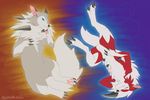  2016 ambiguous_gender blue_eyes canine chest_tuft claws digitigrade duo featureless_crotch feral frown fur gradient_background grey_fur grin lying mammal midday_lycanroc midnight_lycanroc multicolored_fur neck_tuft on_back pawpads red_eyes red_fur semi-anthro simple_background syntex tuft two_tone_fur white_fur 