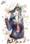 :d belt breasts cardigan collarbone dated eyepatch green_eyes green_hair hand_in_pocket hat kantai_collection kiso_(kantai_collection) leaf looking_at_viewer maple_leaf neckerchief open_mouth pleated_skirt sailor_collar sailor_hat school_uniform serafuku short_hair signature skirt small_breasts smile solo yuihira_asu 