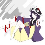  1other ;q androgynous anime_coloring bare_shoulders birthday black_hat black_shirt box closed_mouth coattails collared_shirt commentary_request detached_hood detached_sleeves enraku_chinoha frilled_headwear full_body hair_between_eyes hat high_collar highres hood hood_down hooded_jacket in_box in_container jacket kneehighs len'en long_sleeves looking_at_viewer mob_cap no_shoes one_eye_closed open_clothes open_jacket other_focus outstretched_arm pale_skin purple_eyes purple_hair purple_jacket purple_sleeves red_ribbon ribbon shirt shitodo_kuroji short_hair sitting sleeveless sleeveless_shirt sleeves_past_fingers sleeves_past_wrists smile socks solo tongue tongue_out white_background white_socks wide_sleeves 