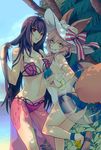  adjusting_hair animal_ears ass ass_visible_through_thighs asymmetrical_docking bare_shoulders bikini blue_bikini breast_press breasts ears_through_headwear fate/grand_order fate_(series) large_breasts licking_lips looking_at_viewer looking_to_the_side midriff multiple_girls navel nishi_juuji palm_tree pink_hair purple_hair red_eyes sandals sarong scathach_(fate)_(all) scathach_(swimsuit_assassin)_(fate) see-through shirt smile swimsuit t-shirt tail tamamo_(fate)_(all) tamamo_no_mae_(fate) tamamo_no_mae_(swimsuit_lancer)_(fate) tongue tongue_out tree trefoil wet wet_clothes wet_shirt wet_t-shirt yellow_eyes 