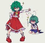  antennae black_cape blue_shorts blush bobotatamu cape closed_mouth collared_shirt commentary_request frilled_skirt frills full_body green_eyes green_hair grey_background heart kazami_yuuka long_sleeves looking_at_another nose_blush one_eye_closed red_cape red_eyes red_shoes red_skirt red_vest shirt shoes short_hair shorts simple_background sitting skirt skirt_set smile socks sparkle standing touhou two-sided_cape two-sided_fabric vest white_shirt white_socks wriggle_nightbug 