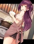  ahoge apron bangs black_skirt bowl breasts cooking cowboy_shot dutch_angle eyebrows_visible_through_hair from_behind hagikaze_(kantai_collection) indoors kantai_collection kitchen long_hair looking_at_viewer looking_back medium_breasts narushima_kanna one_side_up open_mouth outside_border pot purple_hair short_sleeves skirt solo twitter_username white_skirt window yellow_eyes 