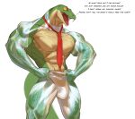 2025 abs absurd_res anthro bulge cxcxxcxxxx dialogue english_text fangs green_body hi_res male mostly_nude multicolored_body muscular muscular_anthro muscular_male necktie necktie_only nude_anthro nude_male red_necktie reptile scalie shedding_skin simple_background snake solo tail tan_body teeth text two_tone_body white_background