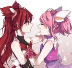  2girls alternate_costume alternate_hairstyle gloves headband jewelry jinx_(league_of_legends) league_of_legends long_hair luxanna_crownguard magical_girl multiple_girls pink_hair red_hair smile star_guardian_jinx star_guardian_lux twintails 