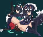  1boy 2girls :> :d :q ahoge amazon_position animal_ears ass black_hair black_pants black_shirt black_sweater black_thighhighs breasts brown_eyes brown_hair closed_mouth commentary_request commission elbow_gloves femdom fingerless_gloves full_body gloves green_background green_eyes ground_pound hair_between_eyes hands_up heart highres huge_ass kemono_friends kemonokiller large_breasts leg_grab long_sleeves looking_at_viewer mixed-language_commentary multicolored_hair multiple_girls open_mouth panties pants plaid_clothes plaid_skirt pleated_skirt red_shirt shirt short_hair short_sleeves shorts simple_background sitting_on_face skirt skunk_ears skunk_girl skunk_tail smile spotted_skunk_(kemono_friends) striped_skunk_(kemono_friends) sweater tail thighhighs tongue tongue_out two-tone_hair underwear v-shaped_eyebrows white_gloves white_hair white_panties white_shorts wide_hips 