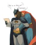  2boys batman batman_(series) batman_symbol belt black_cape black_gloves blue_bodysuit bodysuit briefs brown_hair cape commentary cowl dc_comics english_commentary english_text gloves grey_bodysuit hand_in_another's_clothes hand_on_own_hip head_on_another's_shoulder highres holding holding_paper lescentri male_focus male_underwear multiple_boys open_mouth paper red_cape speech_bubble standing superman superman_(series) underwear white_background yaoi yellow_belt 
