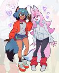  2025 4:5 5_fingers absurd_res anthro biped blue_hair blue_tail bottomwear brand_new_animal breasts brown_body brown_fur canid canine claws clothed clothed_anthro clothed_female clothing digital_drawing_(artwork) digital_media_(artwork) duo female finger_claws fingers footwear fox front_view fully_clothed fully_clothed_anthro fully_clothed_female fur green_eyes hair hi_res mammal michiru_kagemori nazuna_hiwatashi open_clothing open_mouth open_smile open_topwear pants pink_body pink_fur pink_hair pink_tail praquina raccoon_dog red_eyes shoes smile standing studio_trigger tail tanuki teeth tongue topwear 