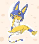  2025 animal_crossing ankha_(animal_crossing) anthro blue_hair blush clean_diaper clothed clothing diaper diaper_masturbation domestic_cat felid feline felis female floomygami full-face_blush hair hand_on_diaper lidded_eyes mammal markings nintendo pantsless pantsless_female sitting solo striped_markings striped_tail stripes tail tail_markings touching_diaper uraeus wearing_diaper yellow_body 