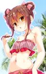  bandeau bangs bow brown_eyes brown_hair cafe-chan_to_break_time cafe_(cafe-chan_to_break_time) coffee_bean_hair_ornament commentary_request double_bun flat_chest glaring hair_between_eyes hair_bow holding holding_hair looking_at_viewer looking_down midriff navel palm_tree pink_hair porurin shaded_face sidelocks solo swimsuit tree 