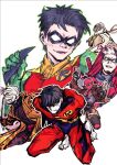  abraxas bat_signal batman_(series) batman_symbol black_bodysuit black_gloves black_hair bodysuit brown_jacket dc_comics domino_mask eye_mask gloves grey_bodysuit jacket jason_todd male_focus mask multicolored_bodysuit multiple_boys muscular muscular_male open_clothes pants red_hood_(dc) red_hood_and_the_outlaws red_mask short_hair superhero_costume taut_bodysuit two-tone_bodysuit 