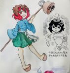  2others androgynous anger_vein angry apron bags_under_eyes bare_legs blue_kimono bottle_opener brown_helmet brown_sandals chinese_commentary chinese_text commentary_request detached_sleeves eye_of_senri false_smile frilled_apron frills from_behind green_hakama hair_between_eyes hakama hakama_short_skirt hakama_skirt hammer happy hat hat_ribbon helmet highres holding holding_hammer japanese_clothes kariginu katano_sukune katano_sukune's_bottle_opener kimono layered_sleeves len'en letossa long_sleeves looking_at_viewer looking_back messy_hair multiple_others no_socks ofuda ofuda_on_clothes okobo open_mouth other_focus partially_colored photo_(medium) platform_sandals red_eyes red_hair ribbon sandals senri_tsurubami short_hair short_kimono skirt smile tate_eboshi toes traditional_media translation_request waist_apron white_apron wide_sleeves 