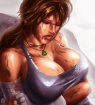  1girl bandage bare_shoulders blood breasts brown_hair cleavage lara_croft large_breasts light long_hair necklace tomb_raider 