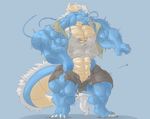 2016 4_toes 5_fingers anthro barefoot biceps big_biceps big_tail blue_background blue_eyes blue_scales blue_theme blush claws clothing colored digital_drawing_(artwork) digital_media_(artwork) digitigrade dragon eastern_dragon eldrikke front_view full-length_portrait fur grey_clothing growth horn humanoid_hands light midriff multicolored_scales pecs portrait quads scales scalie schwartzgeist shaded shirt shorts simple_background snout tan_scales thick_neck toes torn_clothing triceps two_tone_scales vest white_claws white_fur white_horn 