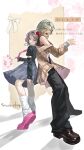 2girls absurdres back-to-back black_pants black_shirt bow brown_coat brown_hair brown_tank_top chinese_commentary closed_mouth coat commentary_request detached_sleeves ebizuka_tomo girls_band_cry grey_hair grey_skirt hair_between_eyes hair_bow highres leg_warmers long_hair_between_eyes long_sleeves mole mole_under_eye multiple_girls necktie off_shoulder open_clothes open_coat open_mouth pants pink_eyes pink_necktie pink_shoes red_bow rupa_(girls_band_cry) shirt shoes short_hair skirt tank_top teeth translation_request upper_teeth_only white_leg_warmers wu_fuzuoyong 
